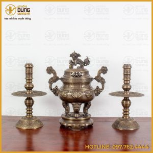 Bộ tam sự nến đồng vàng chạm hoa sòi làm màu giả cổ cao cấp