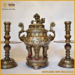 Bộ tam sự nến song long chầu nguyệt đồng đỏ khảm tam khí cao cấp 