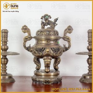 Bộ tam sự nến chạm song long đồng vàng làm màu giả cổ 