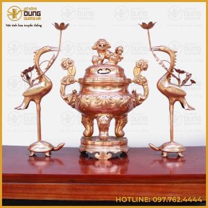 Bộ tam sự hạc thờ cúng bằng đồng đỏ mộc