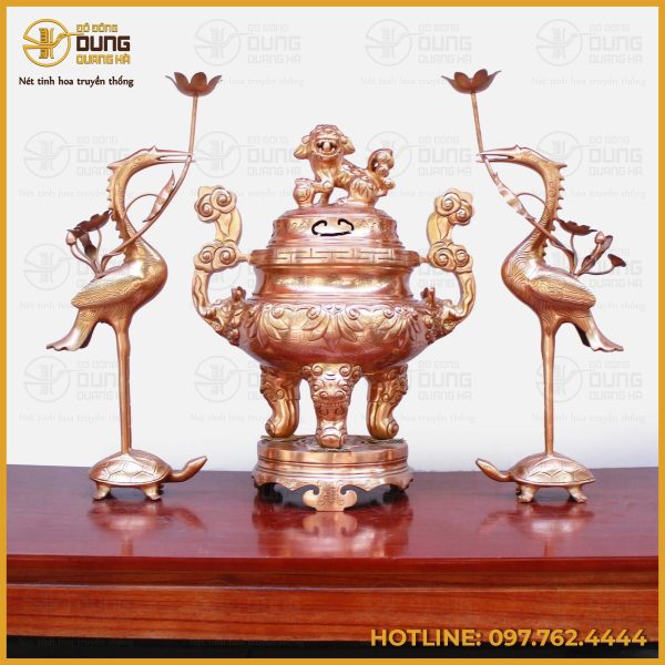 Bộ tam sự hạc thờ cúng bằng đồng đỏ mộc