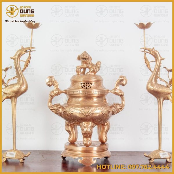 Bộ tam sự hạc thờ cúng bằng đồng đỏ