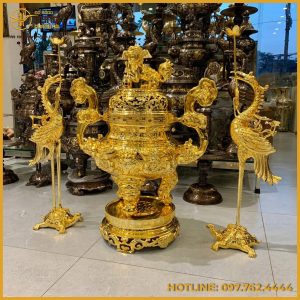 Bộ tam sự song long chầu nguyệt bằng đồng mạ vàng cao cấp 
