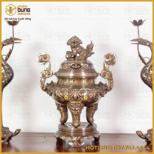 Bộ tam sự hạc chạm sòi đồng đỏ khảm tam khí dát điểm vàng