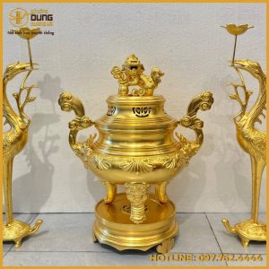 Bộ tam sự hạc bằng đồng dát vàng cao cấp