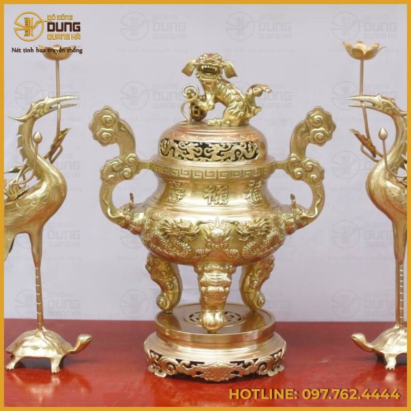 Bộ tam sự hạc đỉnh thờ cúng chạm song long bằng đồng catut cao cấp