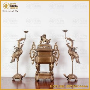 Bộ tam sự hạc vuông bằng đồng cổ điển