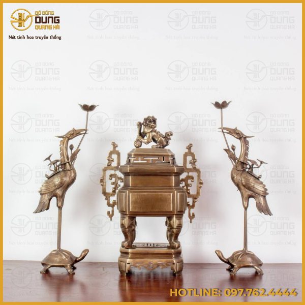Bộ tam sự hạc vuông bằng đồng cổ điển