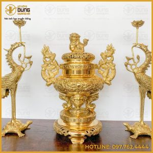Bộ tam sự hạc chạm song long bằng đồng vàng Đài Loan tinh xảo