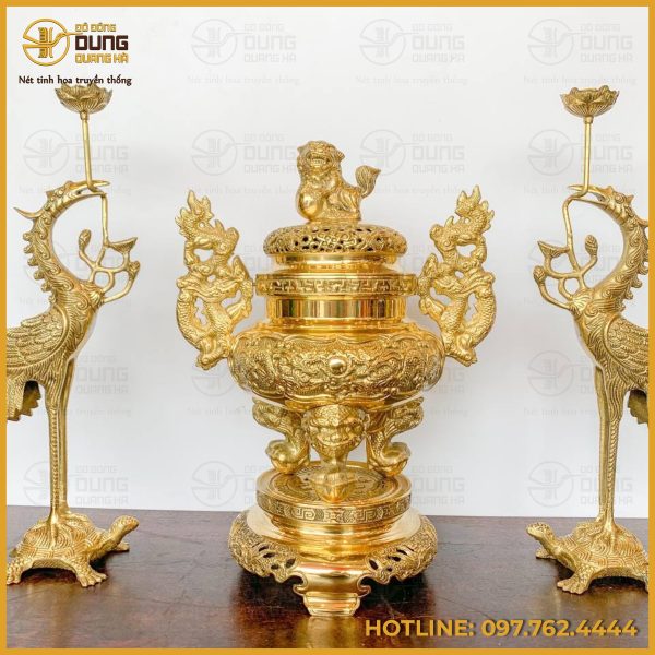 Bộ tam sự hạc chạm song long bằng đồng vàng Đài Loan tinh xảo