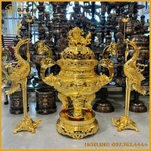 Bộ tam sự song long chầu nguyệt bằng đồng mạ vàng cao cấp 