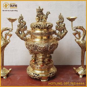 Bộ tam sự hạc bằng đồng vàng họa tiết cao cấp