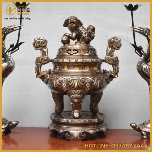 Bộ tam sự hạc chạm sòi đồng đỏ khảm tam khí dát điểm vàng cao cấp