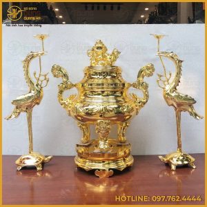Bộ tam sự hạc chạm sòi bằng đồng mạ vàng cao cấp