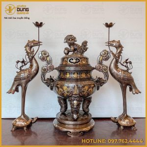 Bộ tam sự hạc đồng đỏ khảm tam khí