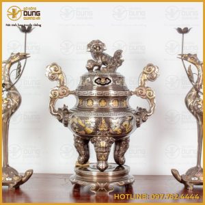 Bộ tam sự hạc bằng đồng khảm tam khí tinh xảo