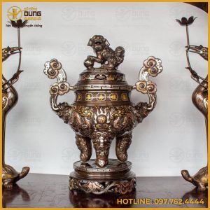 Bộ tam sự hạc đồng đỏ khảm ngũ sắc song long chầu nguyệt