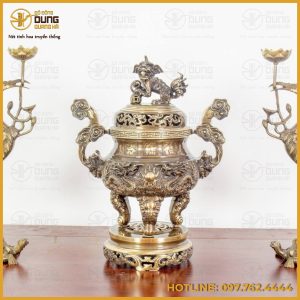 Bộ tam sự bằng đồng thờ cúng chạm nổi song long chầu nguyệt