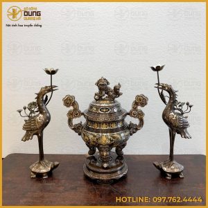 Bộ tam sự hạc thờ chạm song long chầu nguyệt khảm tam khí chữ điểm vàng cao cấp