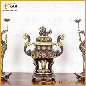 Bộ tam sự hạc thờ cúng chạm song long đồng vàng hai lai tinh xảo