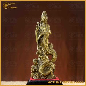 Tượng Phật Quán Thế Âm cưỡi rồng đồng vàng cao 30cm ngang 11cm nặng 1,8kg