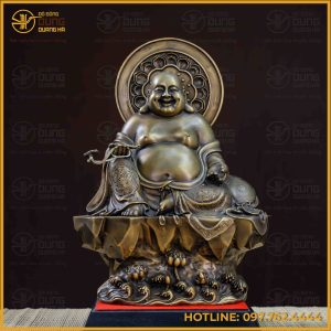 Tượng Phật Di Lạc bệ đá đồng vàng hun cao 40cm ngang 28cm