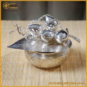 Bộ cơi trầu 5 quả cau đồng vàng mạ bạc