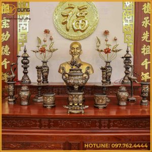 Bộ ngũ sự đồng đỏ khảm tam khí dát điểm vàng cao 60cm