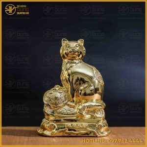 Tượng mèo đồng vàng mạ vàng kích thước 17x13cm nặng 1kg