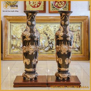 Lọ lộc bình hoa tiết rồng chầu nguyệt đồng đỏ cạo màu cao 1m6