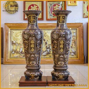 Đôi lọ lộc bình đồng đỏ khảm tam khí dát điểm vàng cao 1m2