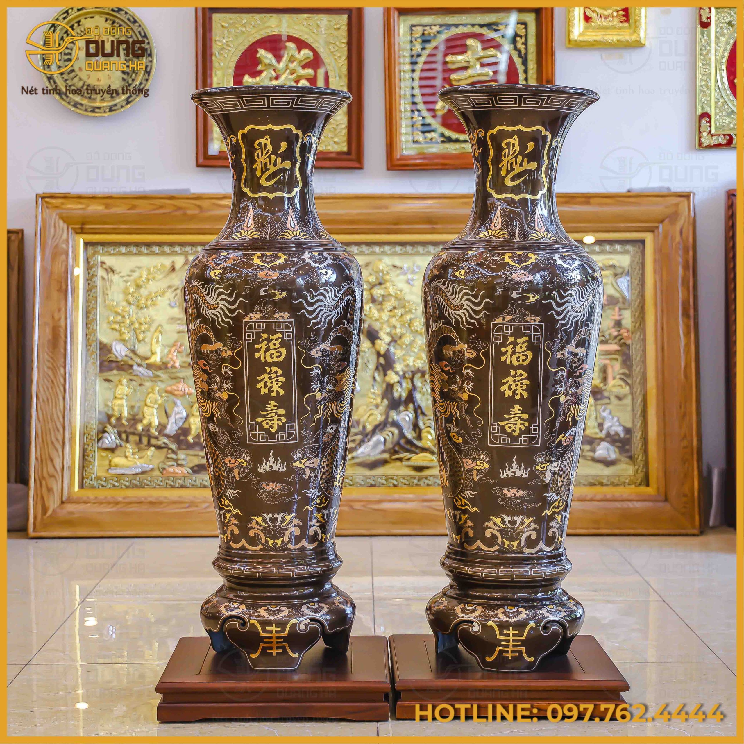 Đôi lọ lộc bình đồng đỏ khảm tam khí dát điểm vàng cao 1m2