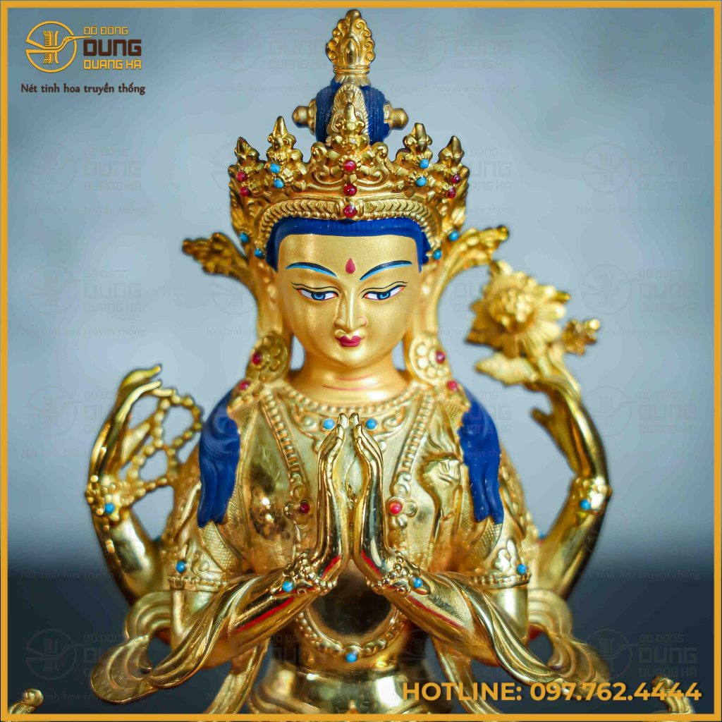 Tôn tượng Quan Âm Tứ Thủ bằng đồng Đài Loan kích thước 21,5cm x 16cm x 9cm