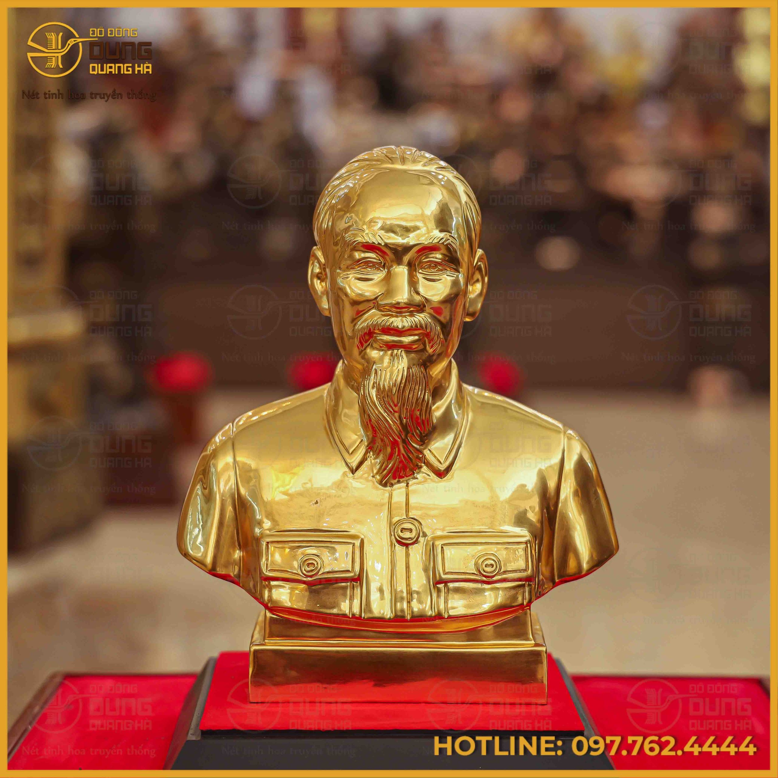 Tượng Bác Hồ đồng đỏ dát vàng bán thân cao 25cm