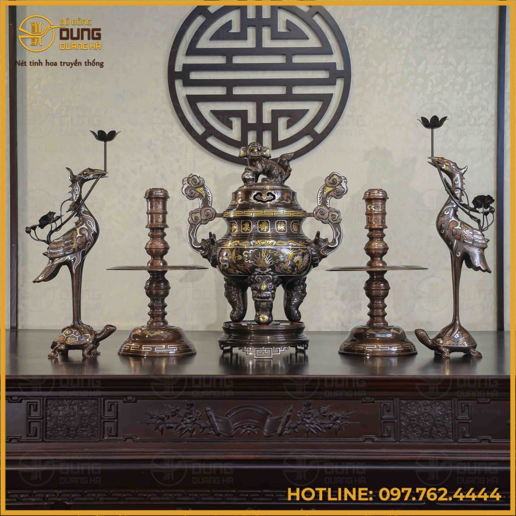 Bộ ngũ sự đồng đỏ khảm ngũ sắc song long chầu nguyệt 50cm