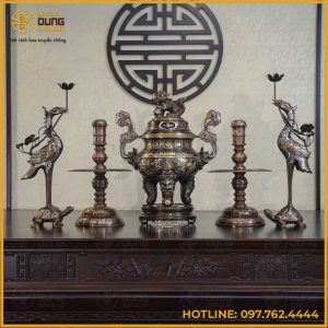 Bộ ngũ sự đồng đỏ khảm ngũ sắc song long chầu nguyệt 50cm