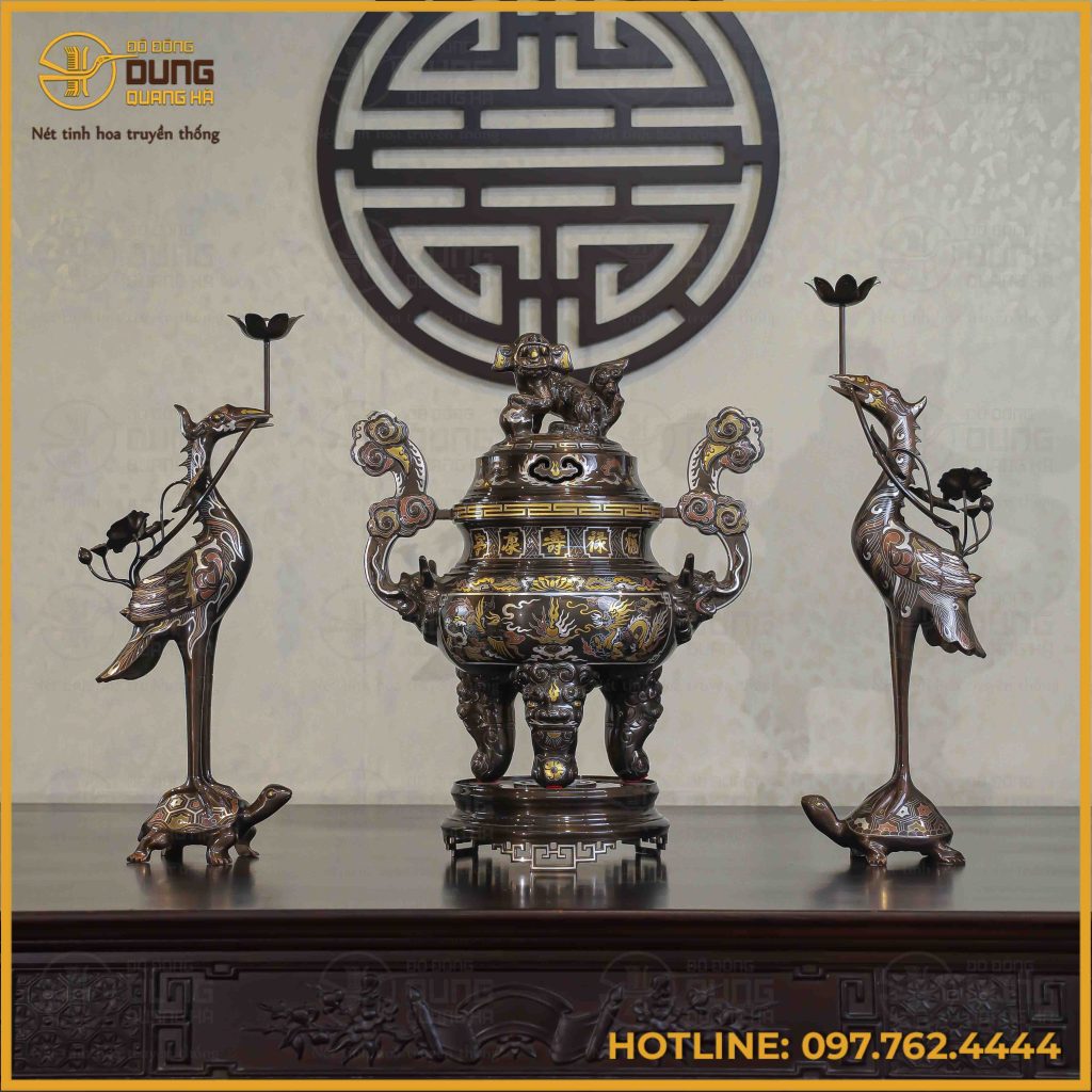 Bộ tam sự hạc đồng đỏ khảm ngũ sắc song long chầu nguyệt 50cm