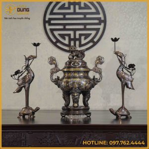 Bộ tam sự hạc đồng đỏ khảm ngũ sắc song long chầu nguyệt 50cm