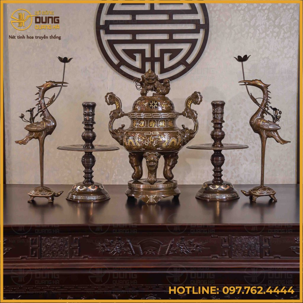 Bộ ngũ sự đồng đỏ khảm tam khí thường dát điểm vàng 60cm
