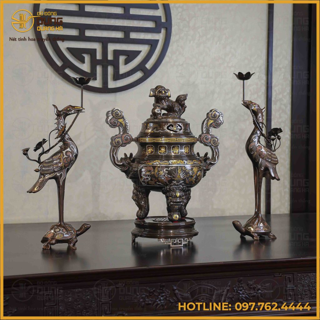 Bộ tam sự hạc đồng đỏ khảm ngũ sắc song long chầu nguyệt 50cm