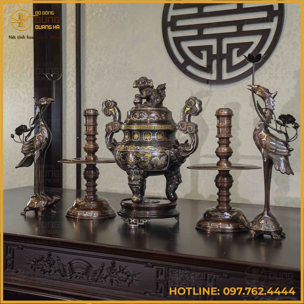 Bộ ngũ sự đồng đỏ khảm ngũ sắc song long chầu nguyệt 50cm