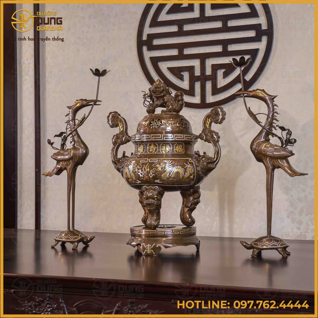 Bộ tam sự hạc đồng đỏ khảm tam khí thường dát điểm vàng 60cm
