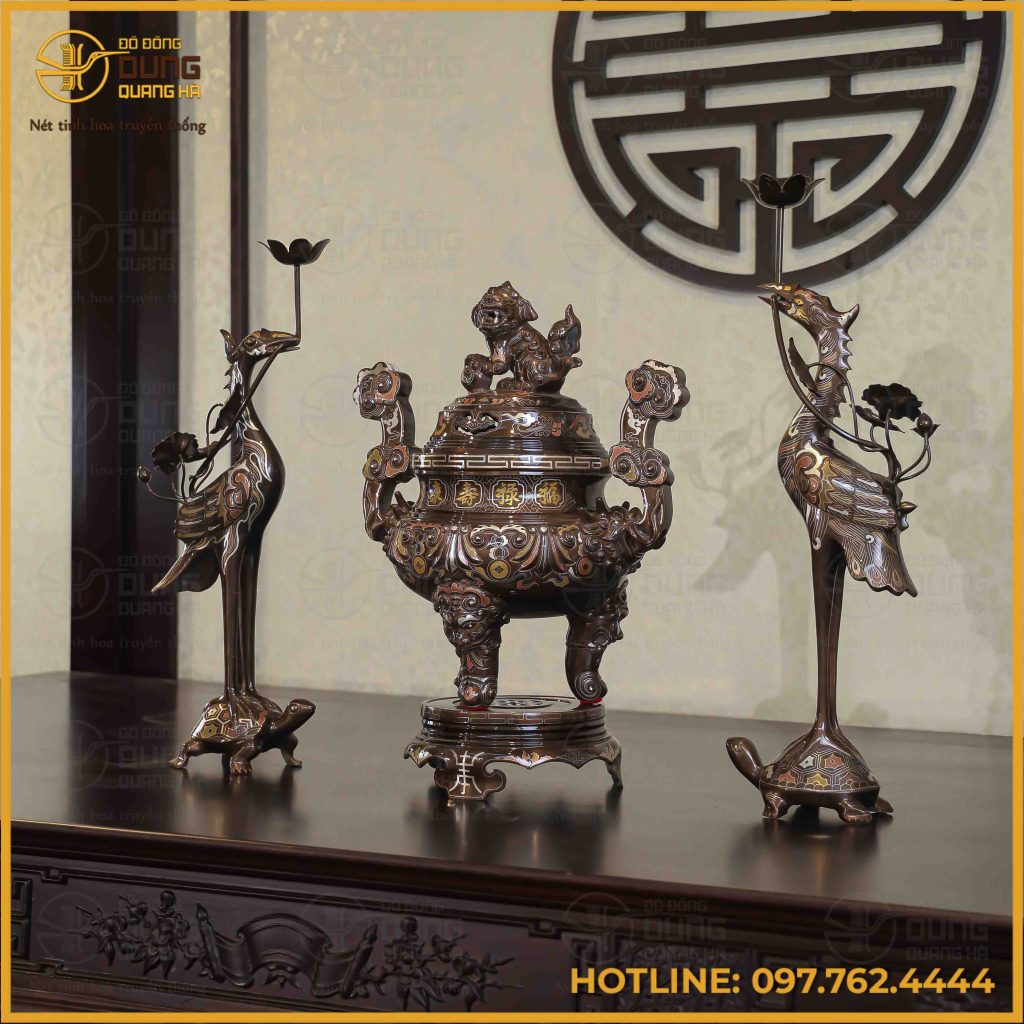 Bộ tam sự hạc đồng đỏ khảm ngũ sắc chạm sòi 50cm