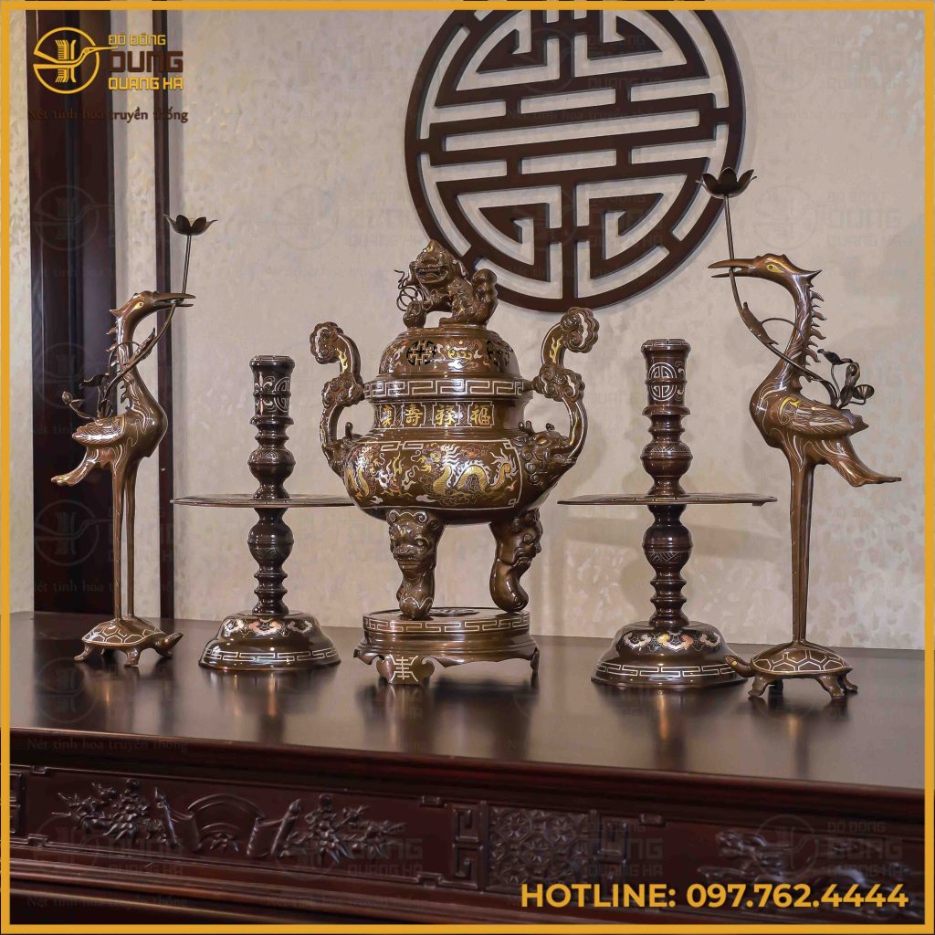 Bộ ngũ sự đồng đỏ khảm tam khí thường dát điểm vàng 60cm